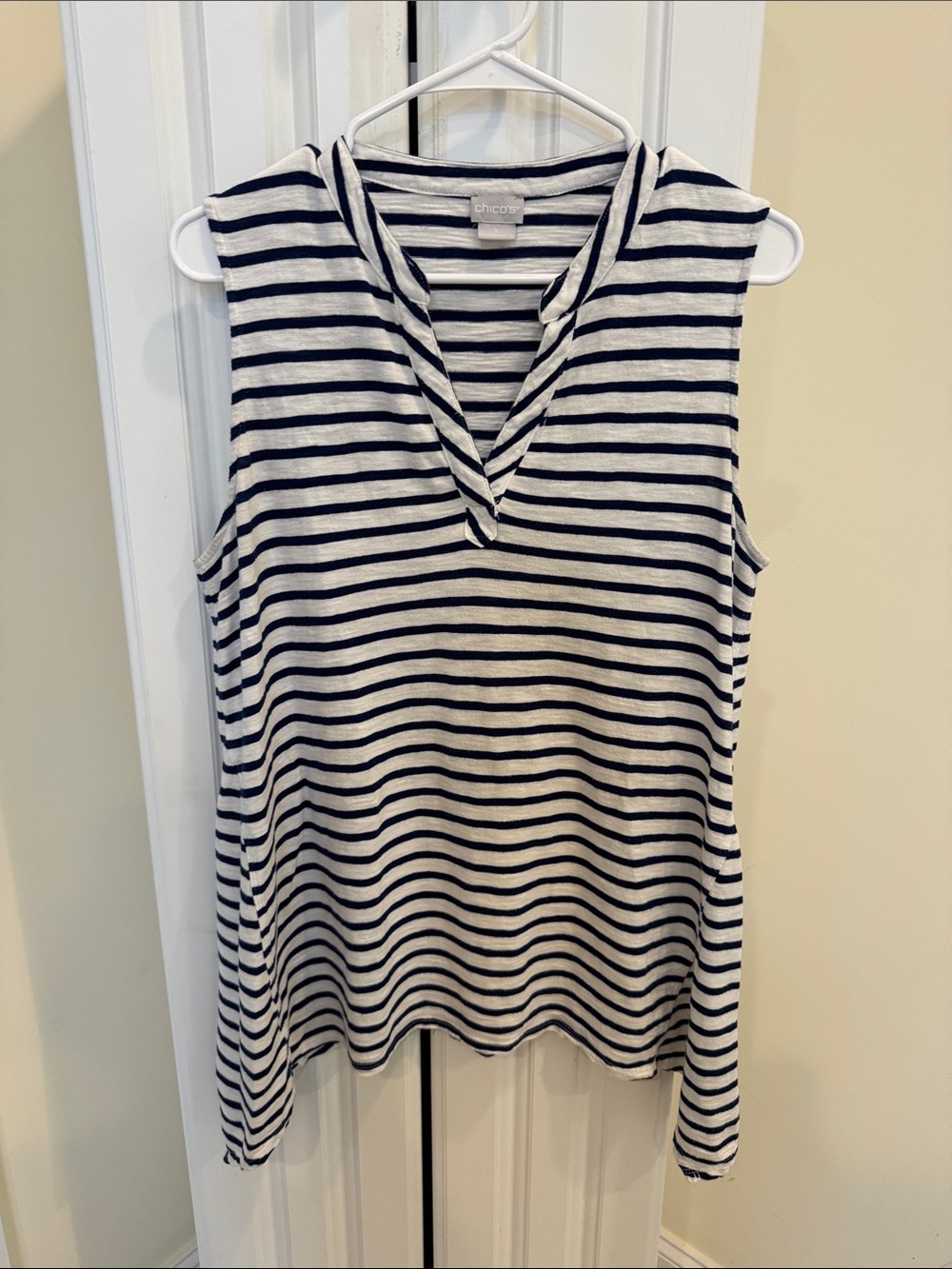 Chico's Navy & White Striped V-Neck Sleeveless Top